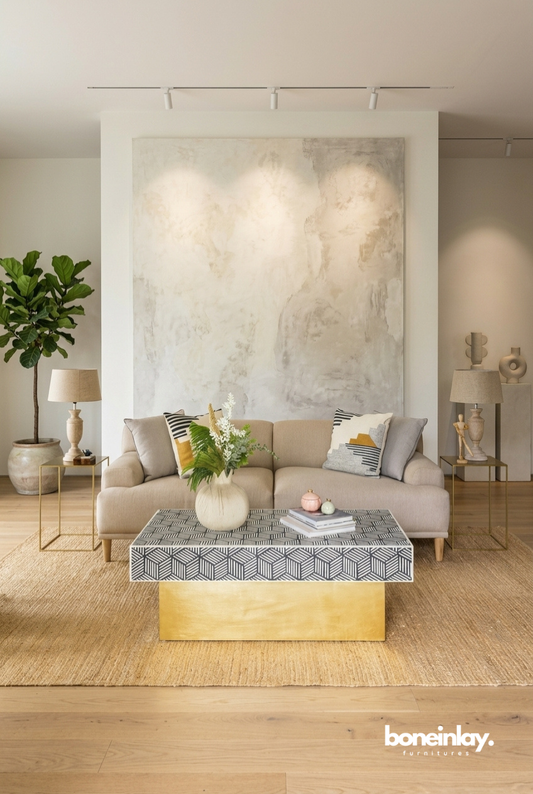 Modern Bone Inlay Coffee Table with Geometric Pattern and Brass Base