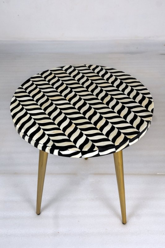 Geometric bone inlay side table with brass legs, intricate black and white inlay craftsmanship, handmade hardwood accent table for stylish home interiors.