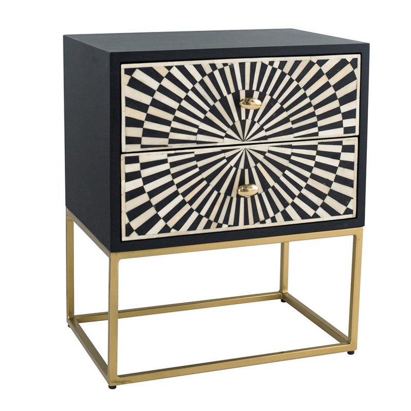 Geometric bone inlay bedside table featuring two drawers, black and white sunburst inlay design, and elegant metal base with brass accents