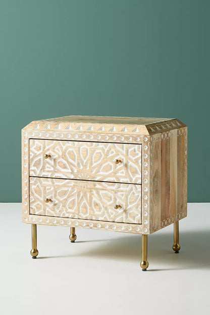 Geometric Carved Wood End Table with brass legs, captured from a front-right angle to show the carved front and side panel.