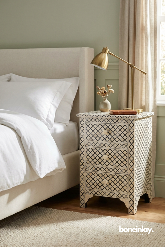 Bone Inlay Three Drawer Nightstand with Geometric Trellis Pattern