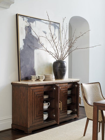 Geometric door server in walnut wood, front view with cabinet doors open to reveal shelves holding cups and plates.