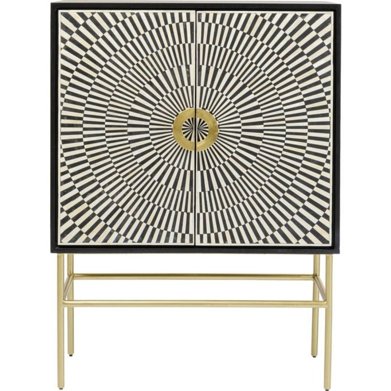 Handmade geometric optical illusion bone inlay bar cabinet in black and white with dual doors, brass knob, and gold metal stand