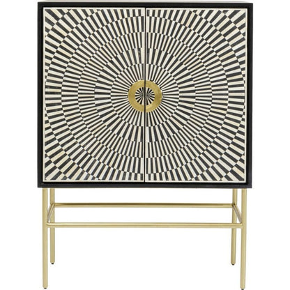 Handmade geometric optical illusion bone inlay bar cabinet in black and white with dual doors, brass knob, and gold metal stand