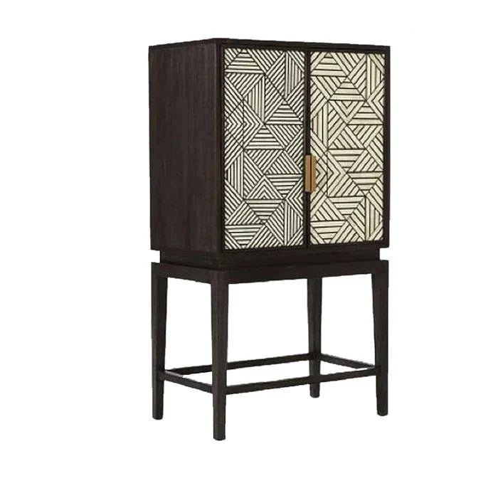 Geometric Pattern Bone Inlay Bar Cabinet in Black and White with Two-Door Dark Wood Frame and Brass Hardware