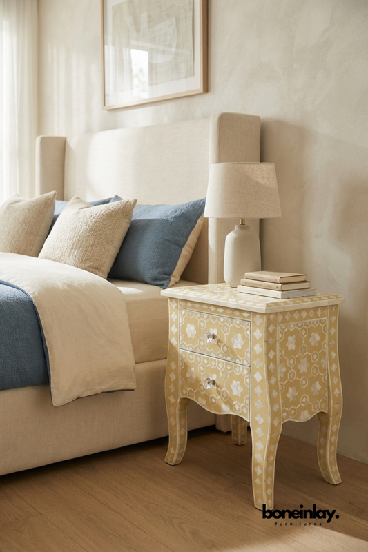 Bone Inlay Two Drawer Nightstand with Floral Geometric Pattern and Curved Legs