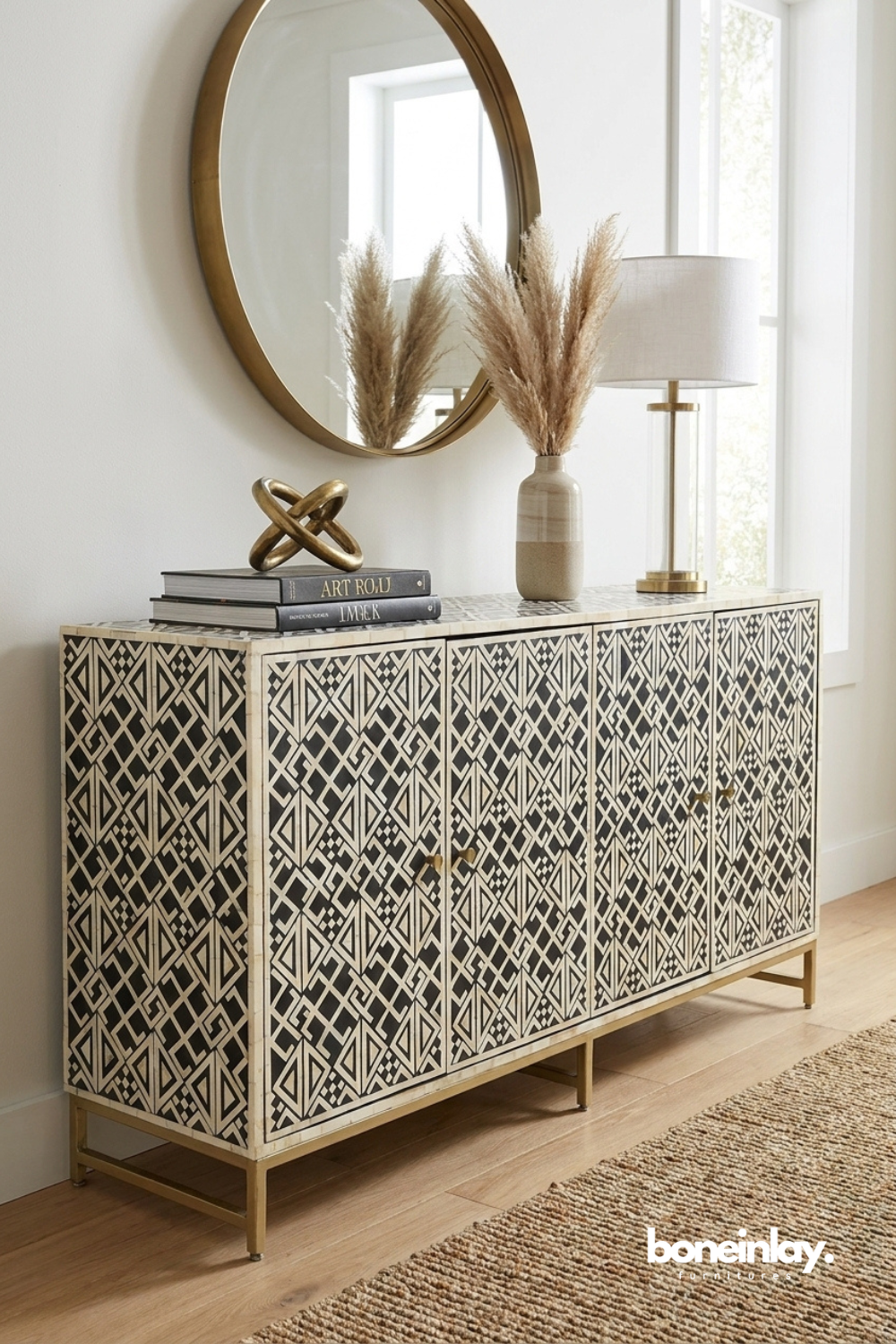 Bold geometric bone inlay sideboard combining monochrome contrast with luxurious handcrafted design.