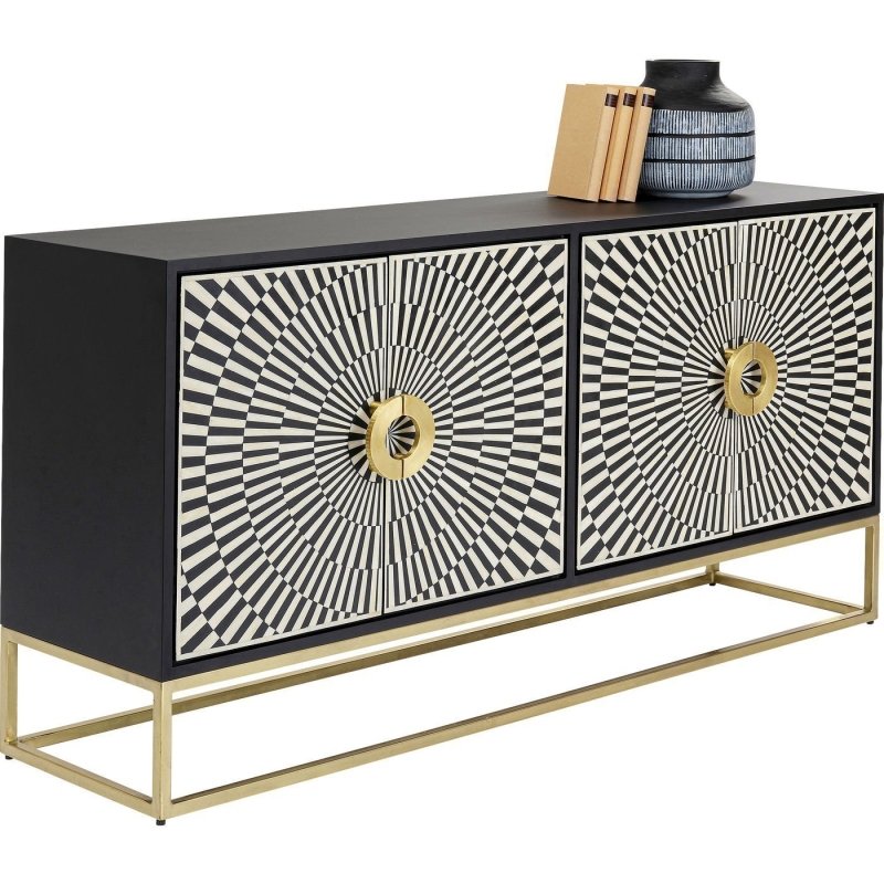 Bottom corner detail of gold-finish metal base on bone inlay starburst sideboard, showing checkered black and ivory inlay door panel and frame edge
