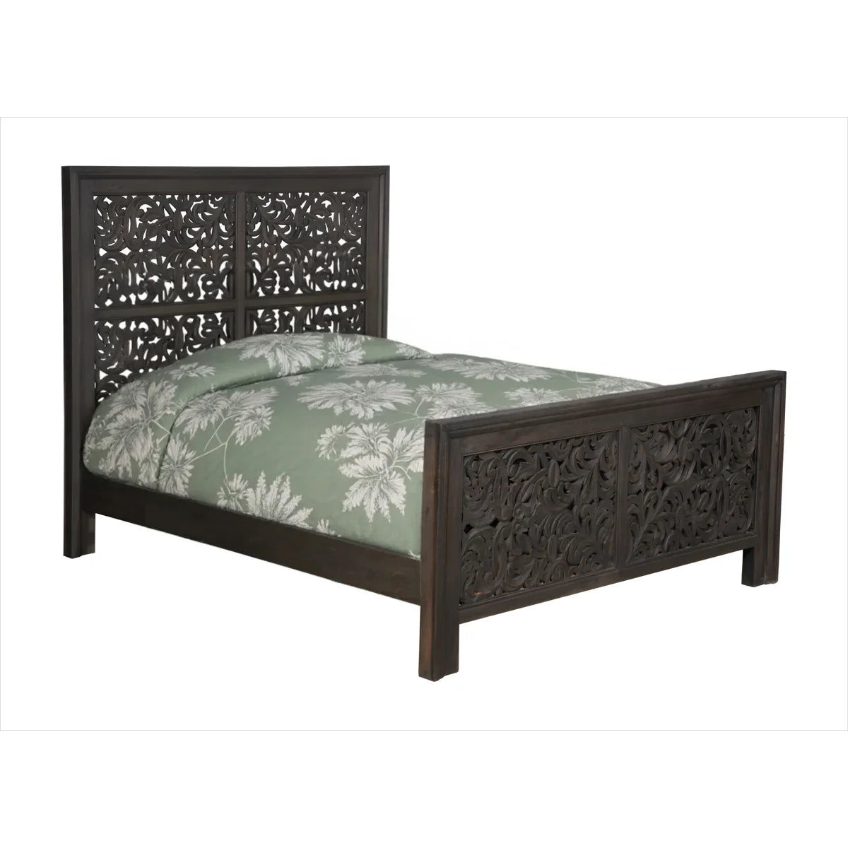 Distressed charcoal gray solid wood platform queen bed frame featuring intricate hand-carved cutout floral scrollwork details on the high headboard and footboard.