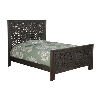 Distressed charcoal gray solid wood platform queen bed frame featuring intricate hand-carved cutout floral scrollwork details on the high headboard and footboard.