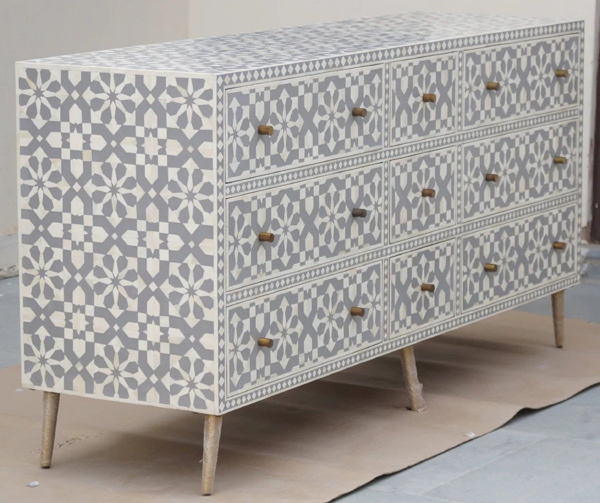 Gray bone inlay wooden dresser with handmade Moroccan geometric inlay, front view of the full nine-drawer storage unit