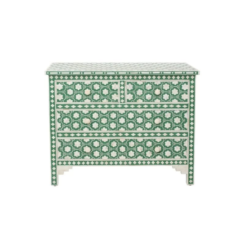 Handcrafted green and white bone inlay chest of 4 drawers with geometric trellis inlay pattern on white background, full front view