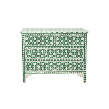 Handcrafted green and white bone inlay chest of 4 drawers with geometric trellis inlay pattern on white background, full front view