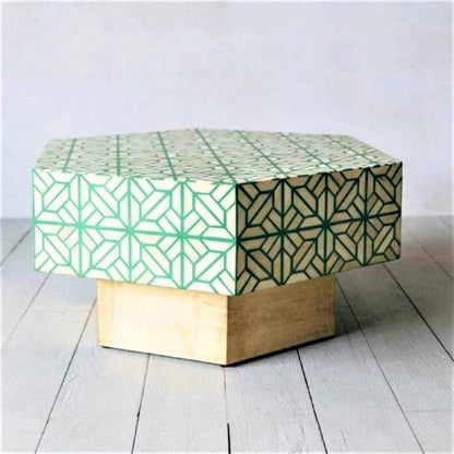 Green and cream handcrafted geometric bone inlay hexagonal center table with natural mango wood base on white wooden floor