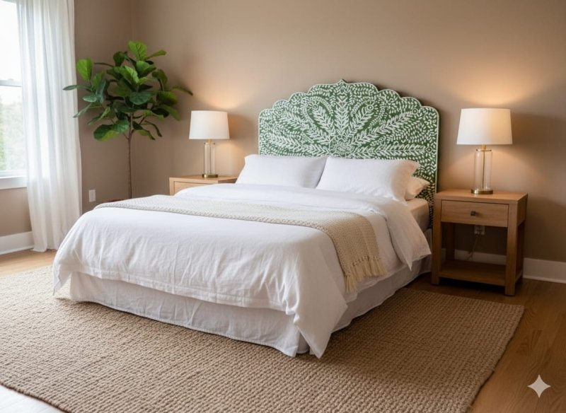 Green Bone Inlay Peacock Headboard styled in a cozy neutral bedroom with white bedding, wooden nightstands and warm ambient lighting