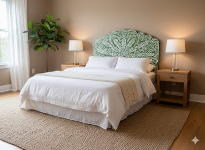 Green Bone Inlay Peacock Headboard styled in a cozy neutral bedroom with white bedding, wooden nightstands and warm ambient lighting