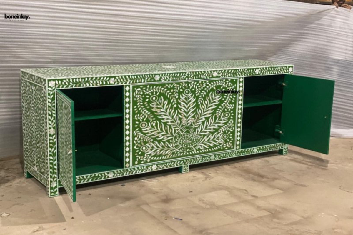 Green mother of pearl peacock sideboard with open doors revealing green-painted interior shelves, handcrafted Indian furniture