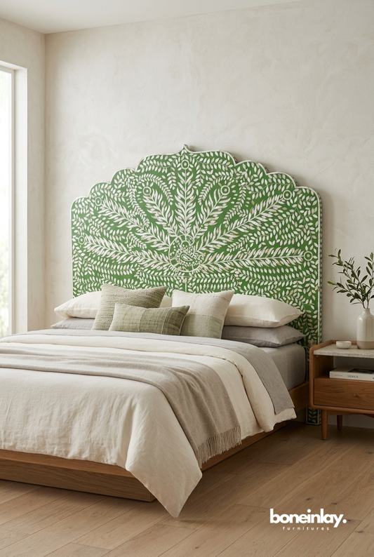 Green Peacock Mother of Pearl Bone Inlay Headboard with scalloped fan silhouette and dense white leaf pattern on solid wood