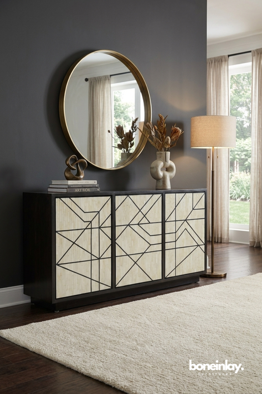 Modern bone inlay buffet cabinet with geometric panel doors and contrasting black frame.