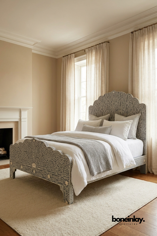 Grey bone inlay scalloped bed with white floral vine and star pattern on solid mango wood frame