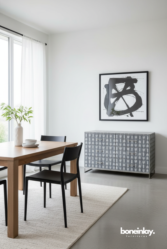 Grey arrow bone inlay six drawer chest styled in a modern dining room with hardwood table, black chairs and abstract wall art