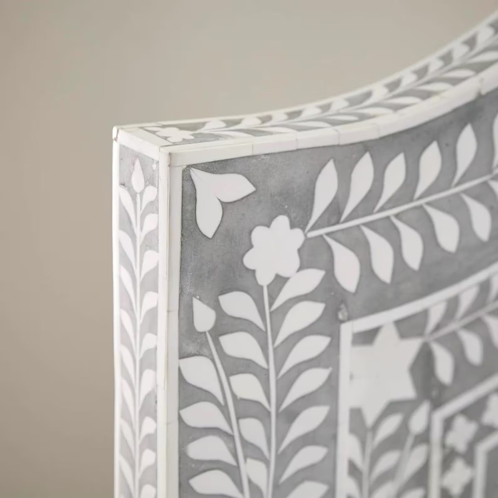 Grey Bone Inlay Platform Bed with Floral Vine Pattern and Camelback Headboard in Mango Wood