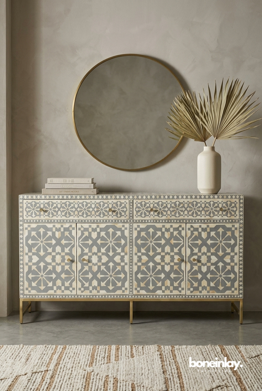 Handmade grey and white bone inlay credenza with geometric star pattern, brass metal legs, two drawers and four doors
