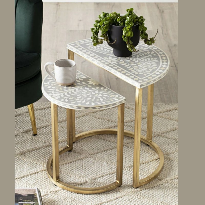 Grey floral bone inlay half moon nesting table set with gold metal legs, handmade mango wood luxury coffee table for living room decor