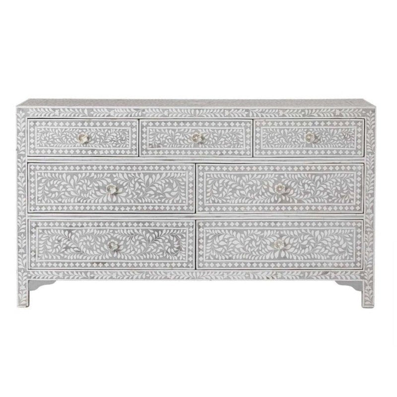 Grey bone inlay seven drawer chest of drawers with intricate handcrafted inlay detailing – premium bedroom storage 