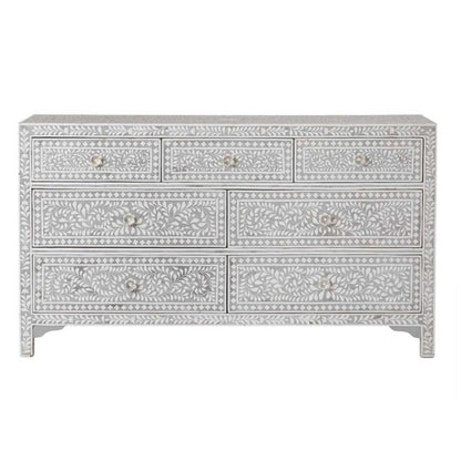 Grey bone inlay seven drawer chest of drawers with intricate handcrafted inlay detailing – premium bedroom storage 