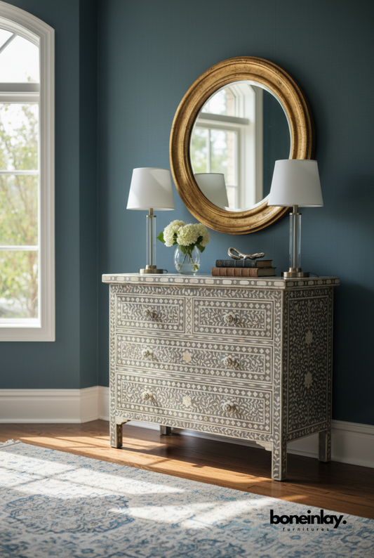 Grey Floral Bone Inlay Dresser with Handcrafted Heritage Detailing