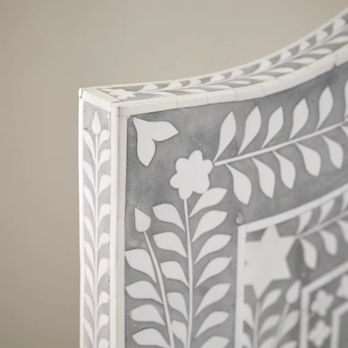 Luxury Grey Floral Vine Bone Inlay Platform Bed with Matching Inlay on Footboard Rails and Headboard