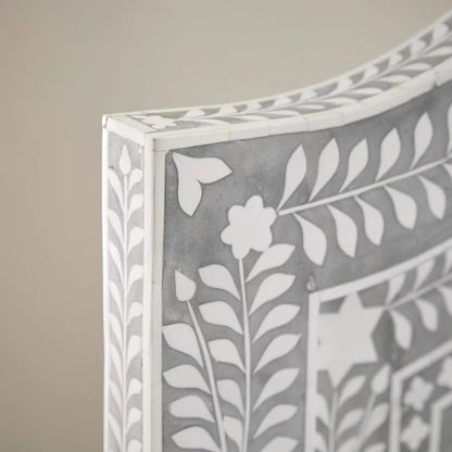 Luxury Grey Floral Vine Bone Inlay Platform Bed with Matching Inlay on Footboard Rails and Headboard