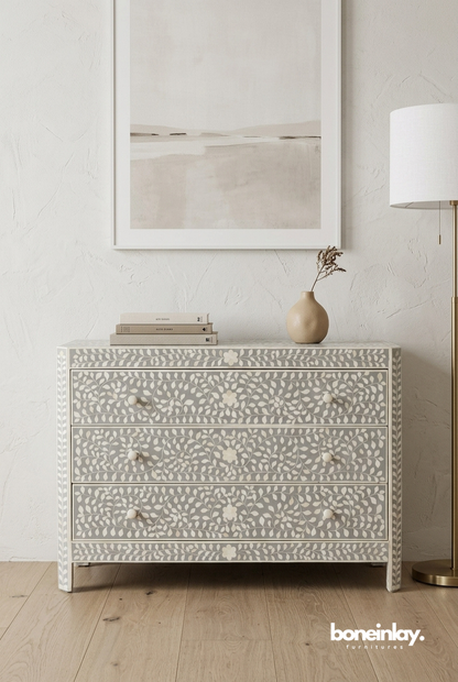 Grey Floral Vine Bone Inlay Three Drawer Chest for Modern Neutral Interiors