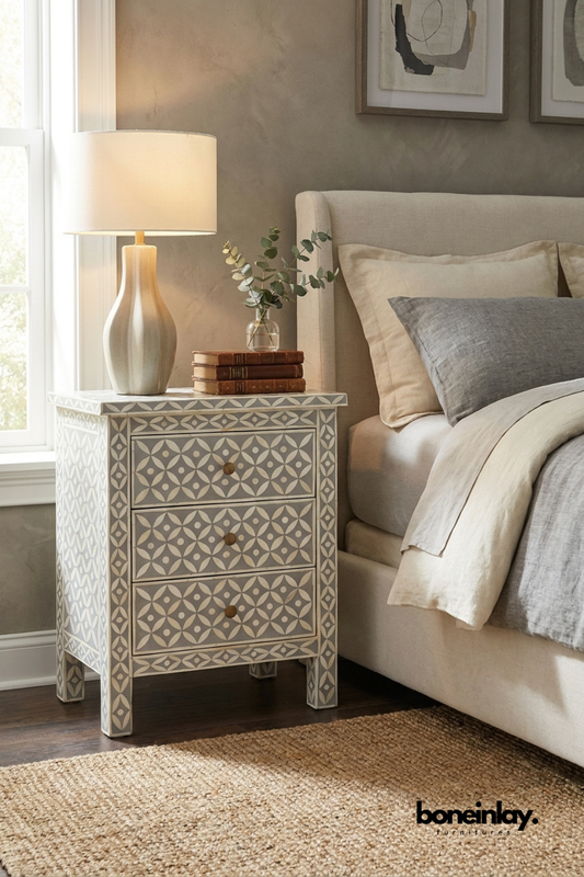 Grey and White Floral Bone Inlay Three Drawer Nightstand with Brass Knobs