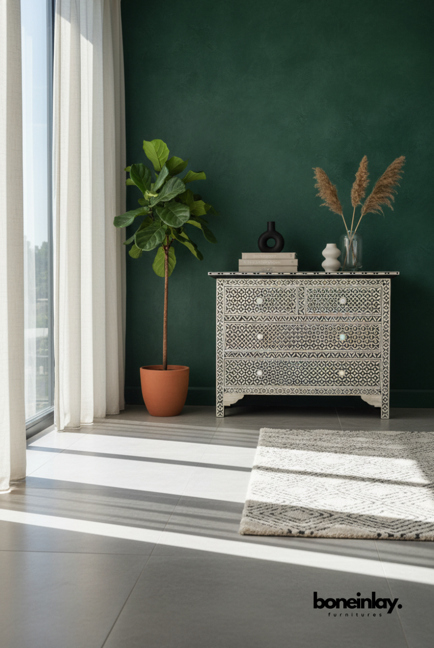 Grey Geometric Bone Inlay Dresser Styled Against a Rich Emerald Backdrop