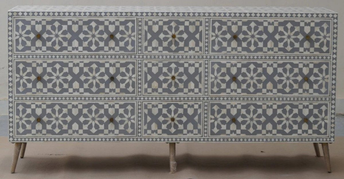 Grey bone inlay nine-drawer dresser with a geometric pattern, shown as a full cabinet with its drawer fronts clearly visible.