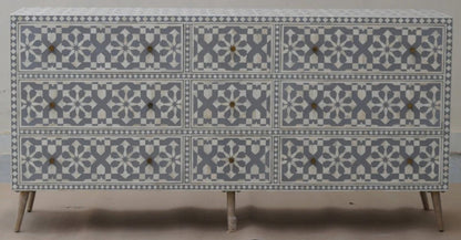 Grey bone inlay nine-drawer dresser with a geometric pattern, shown as a full cabinet with its drawer fronts clearly visible.