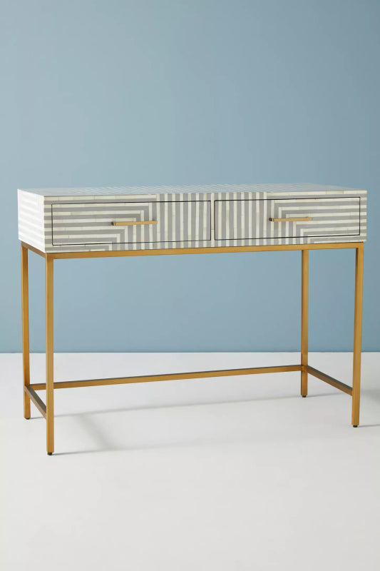 Grey stripe bone inlay mango wood console table with brass metal frame and dual drawer storage