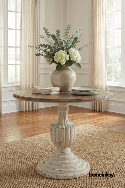 Rustic round pedestal table with distressed wood finish, farmhouse dining table, solid wood round table for living room