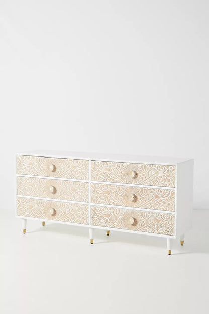 Gulliver six-drawer bureau shown in a light finish, with carved texture extending across the drawer fronts.