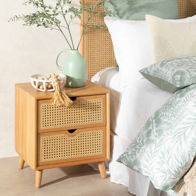 Rattan Cane Two Drawer Natural Bedside Table 