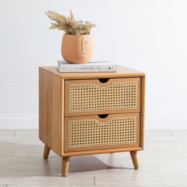 Rattan Cane Two Drawer Natural Bedside Table 