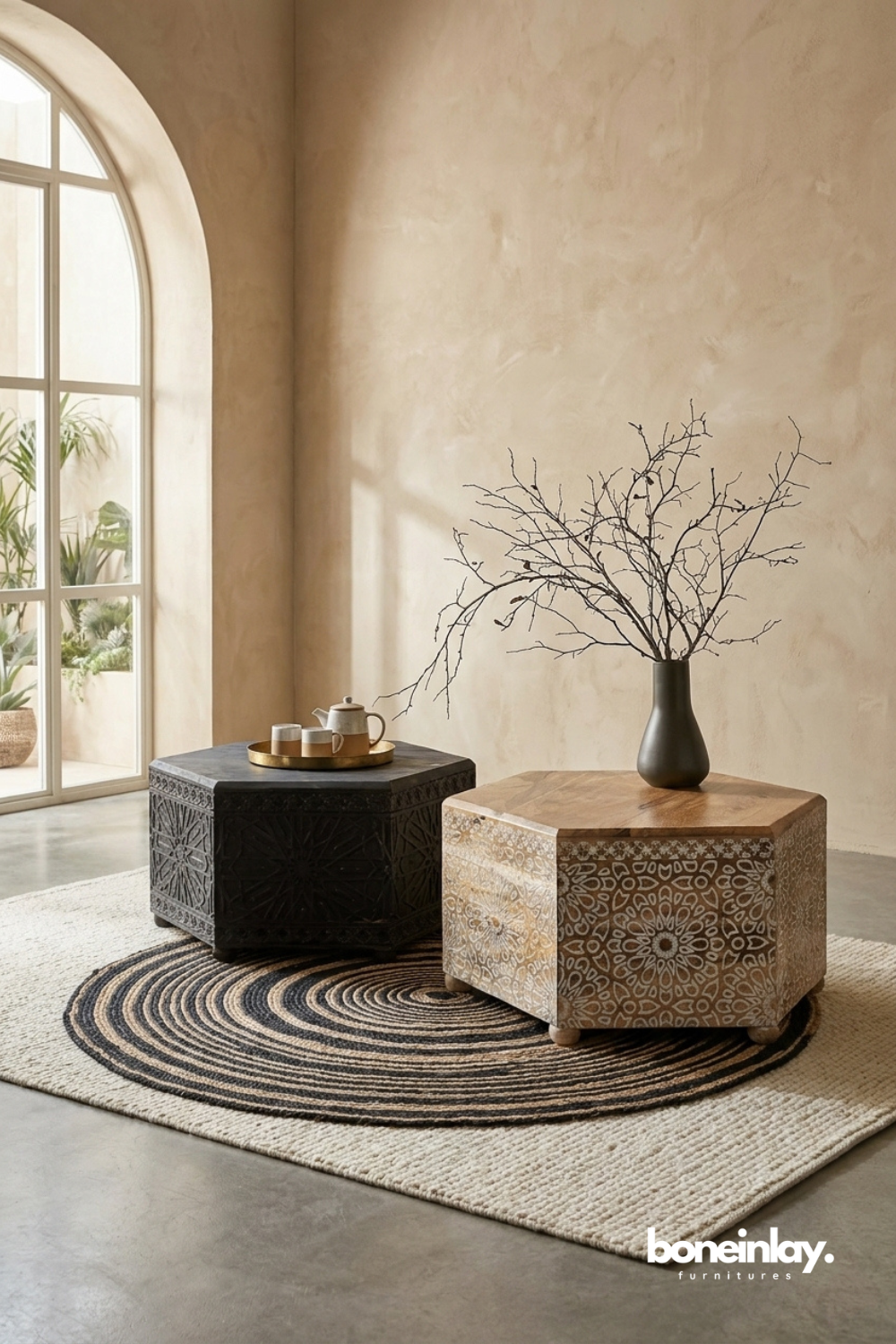 Set of Hand Carved Hexagonal Accent Tables 