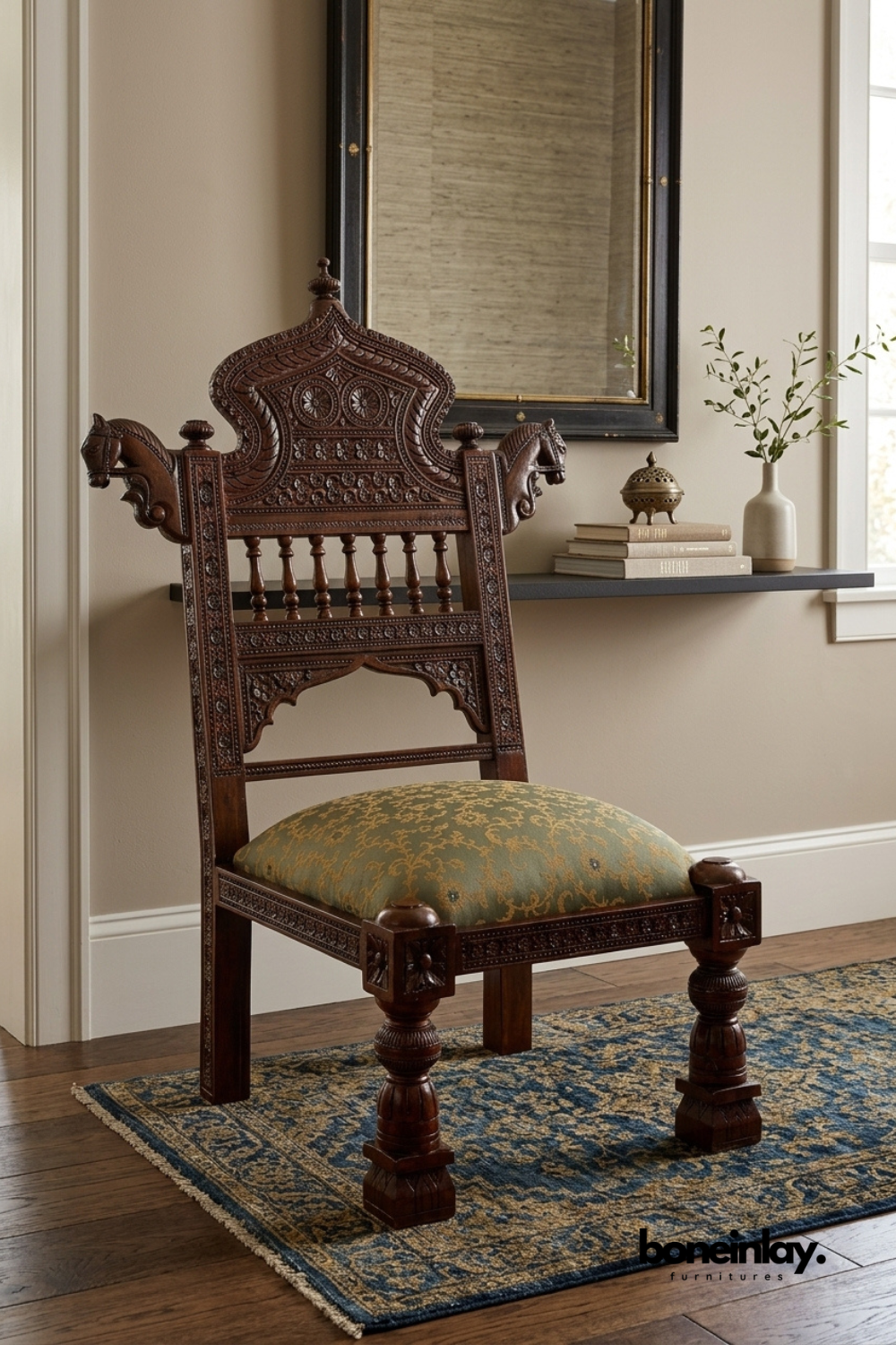 Traditional hand carved wooden accent chair with decorative horse finials, ornate detailing, and upholstered seat for luxury home interiors.