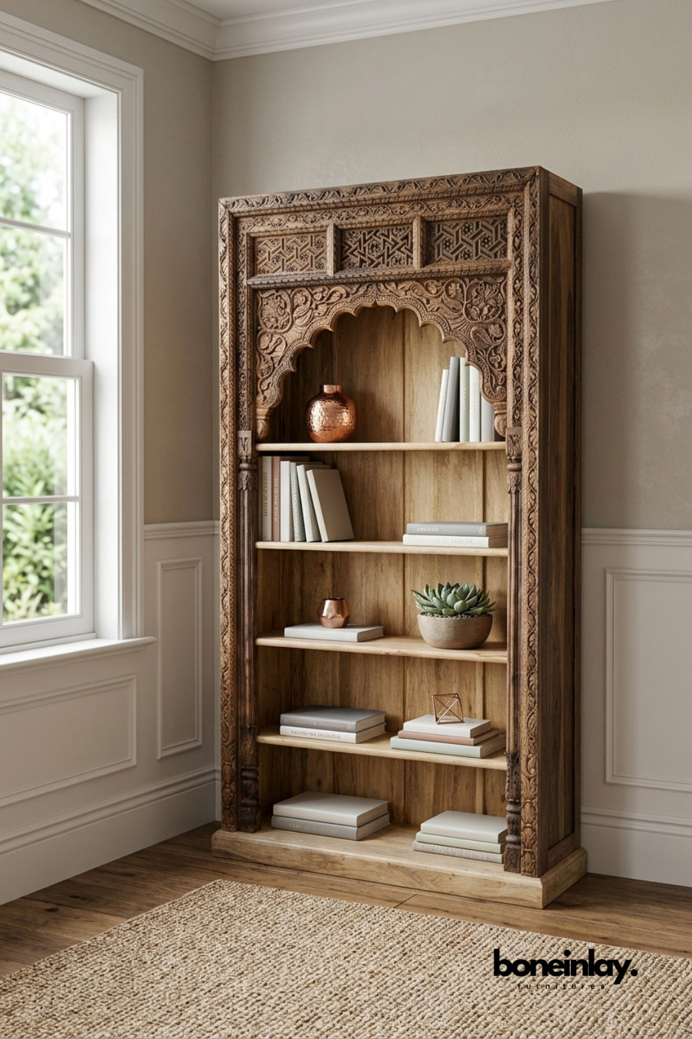 Hand carved solid wood bookshelf featuring decorative arched frame and open shelving, handcrafted rustic display cabinet for books, decorative accents, and home organization.