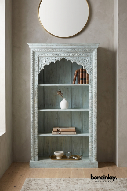 Hand carved white wooden bookshelf with decorative arched frame, distressed finish, handcrafted open display shelving unit for books, decorative accents, and storage.