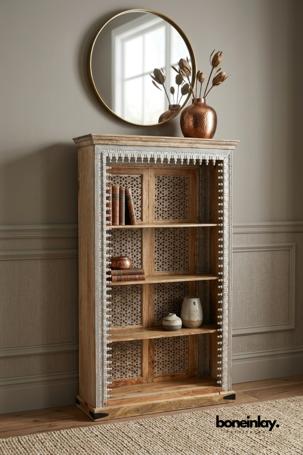 Hand carved solid wood open bookshelf with distressed white detailing, decorative carved frame, spacious display shelves, handcrafted rustic wooden bookcase for living room or home office.