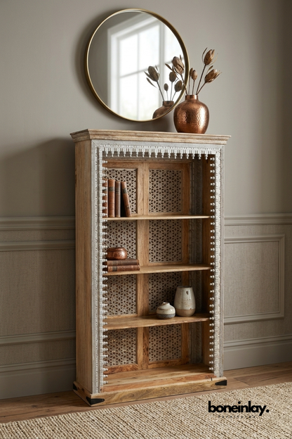 Hand carved solid wood open bookshelf with distressed white detailing, decorative carved frame, spacious display shelves, handcrafted rustic wooden bookcase for living room or home office.