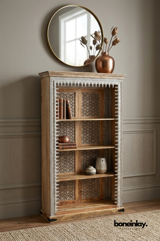 Hand carved solid wood open bookshelf with distressed white detailing, decorative carved frame, spacious display shelves, handcrafted rustic wooden bookcase for living room or home office.